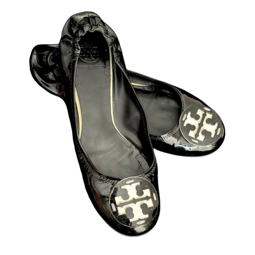 Tory Burch Black Patent Leather Revas Ballet Flats Size 9.5 Monochromatic Chic